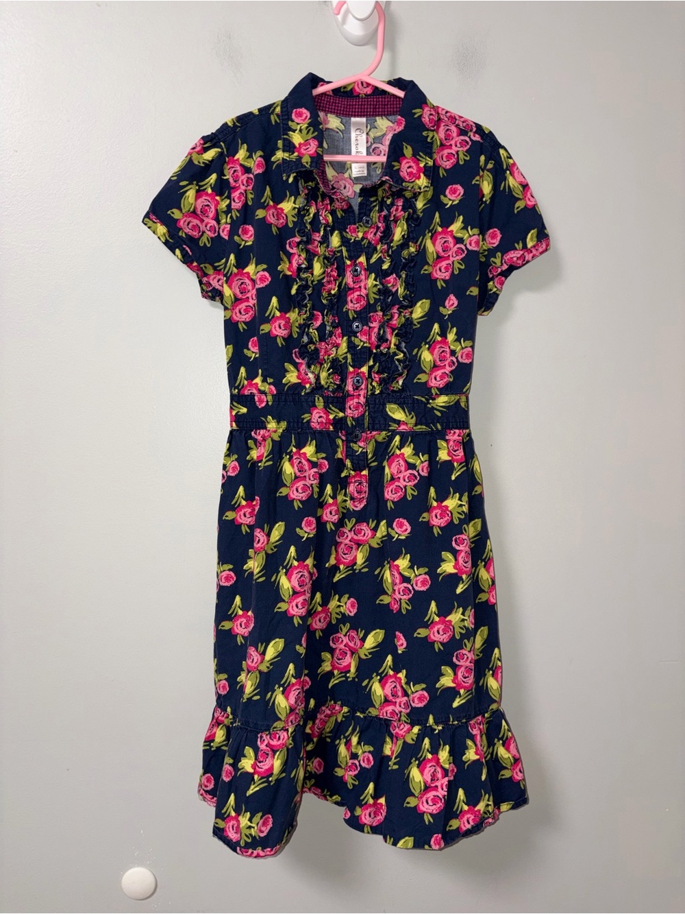 Cherokee Navy Pink Rose Print Collared Ruffled Button Dress Girls L
